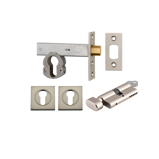 Iver Mortice Deadbolt Euro Satin Nickel Backset 60mm Key/Thumb Escutcheon Square Kit