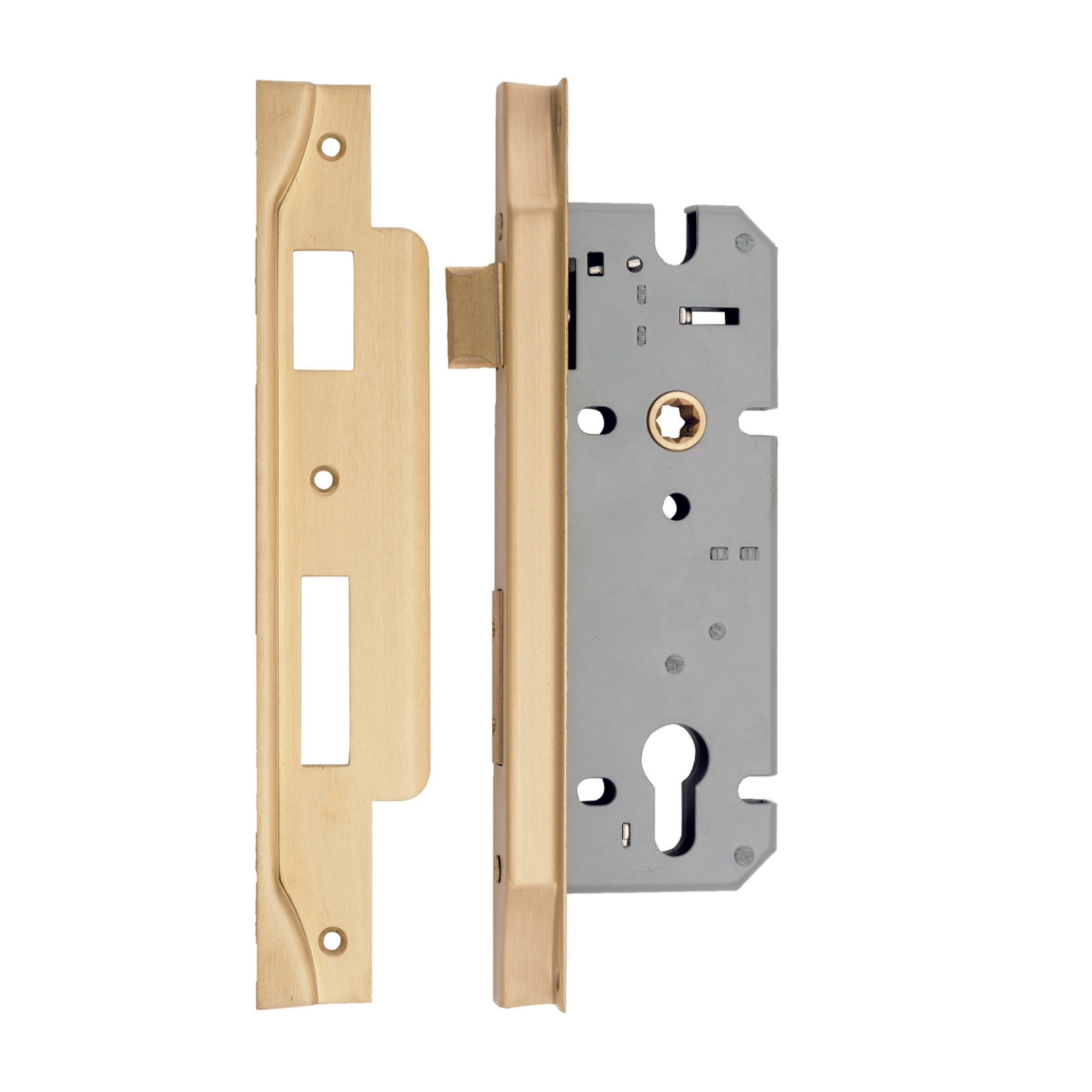 Iver Mortice Lock Euro Rebated Brushed Brass CTC85mm Backset 45mm