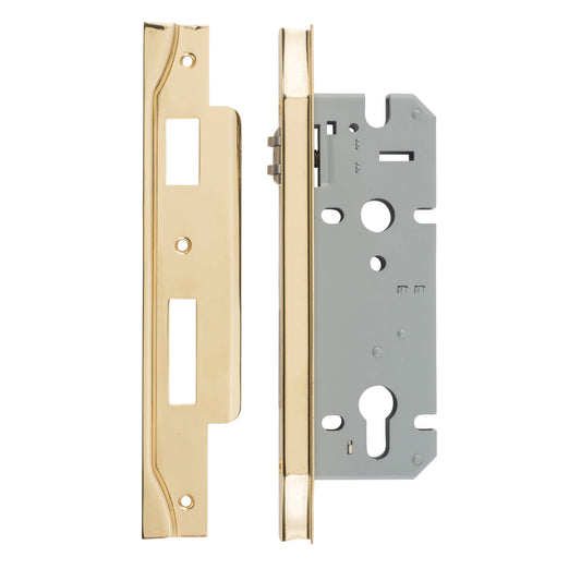 Iver Mortice Lock Roller Euro Rebated Polished Brass CTC85mm Backset 45mm