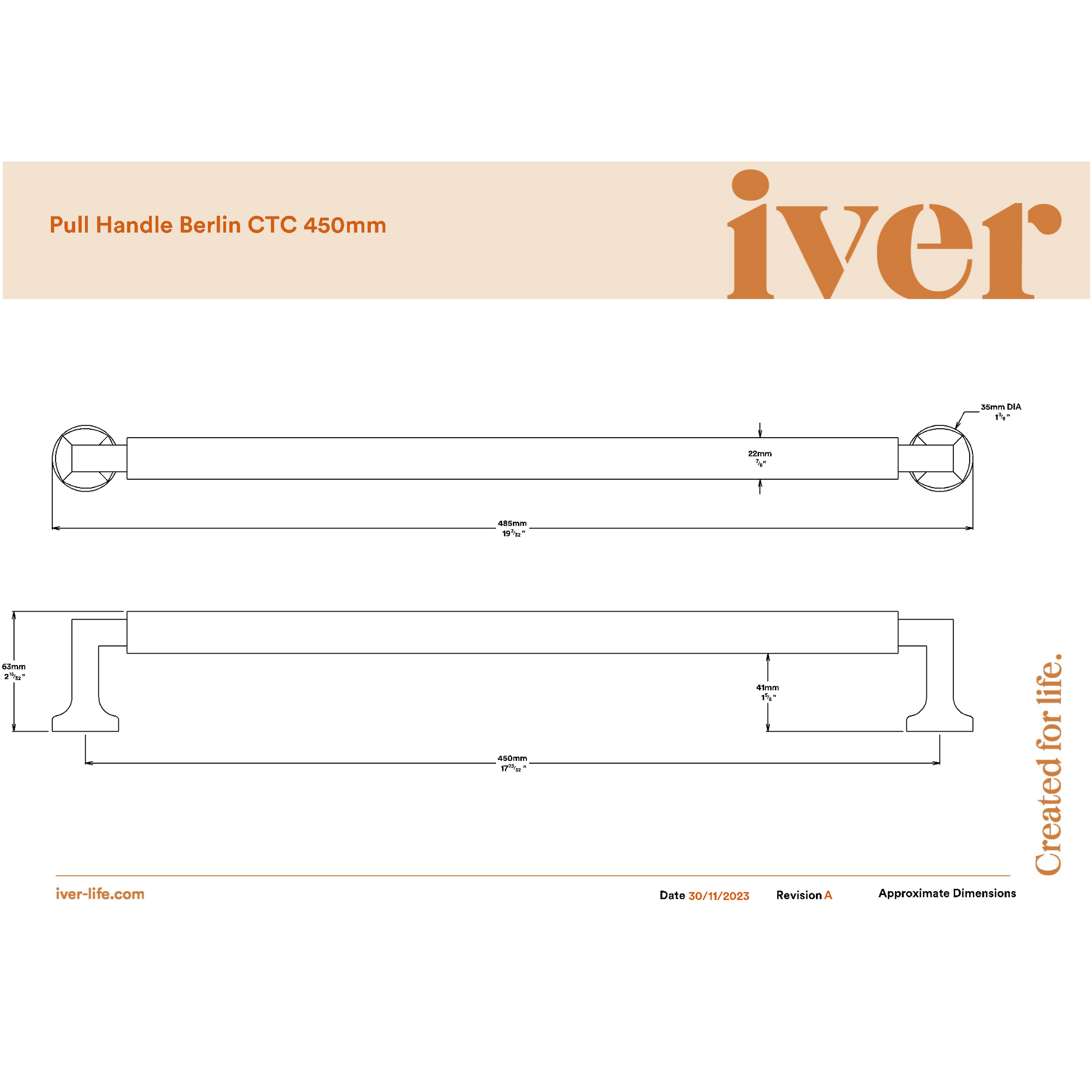 Iver Pull Handle Berlin Key/Key Brushed Chrome Entrance Kit L485mm