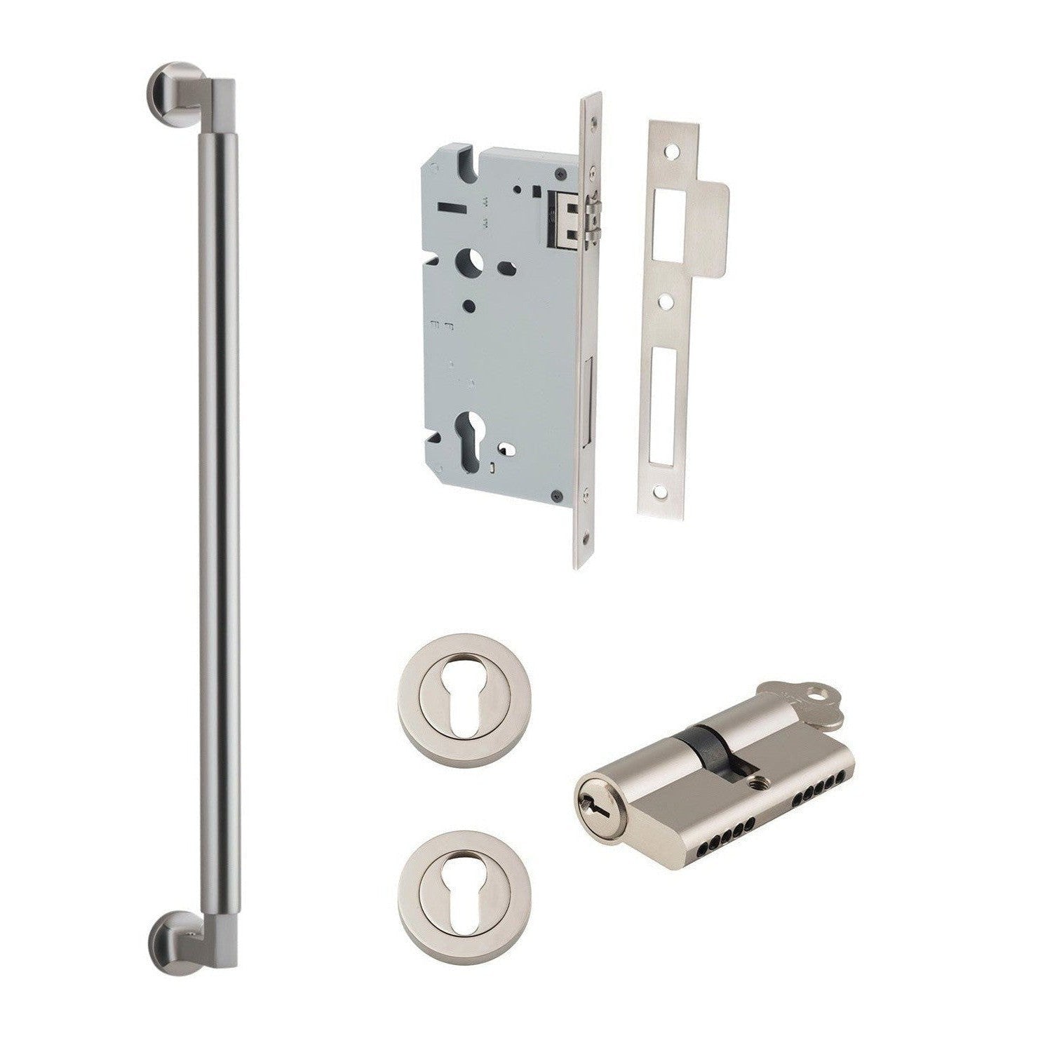 Iver Pull Handle Berlin Key/Key Satin Nickel Entrance Kit L485mm