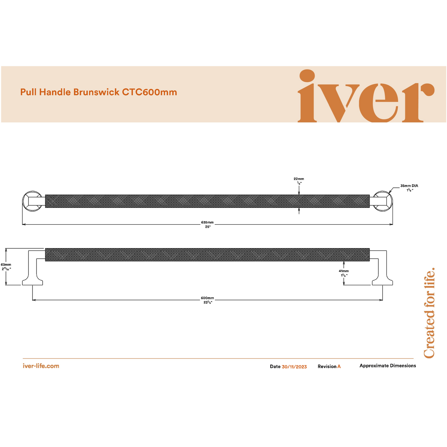 Iver Pull Handle Brunswick Knurled Brushed Chrome L635mm