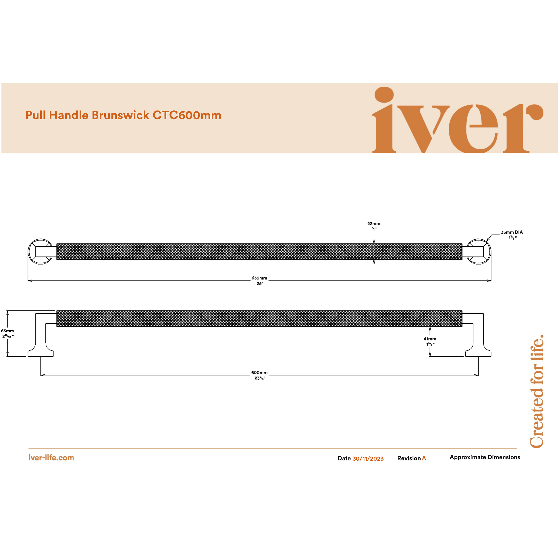 Iver Pull Handle Brunswick Knurled Brushed Chrome L635mm