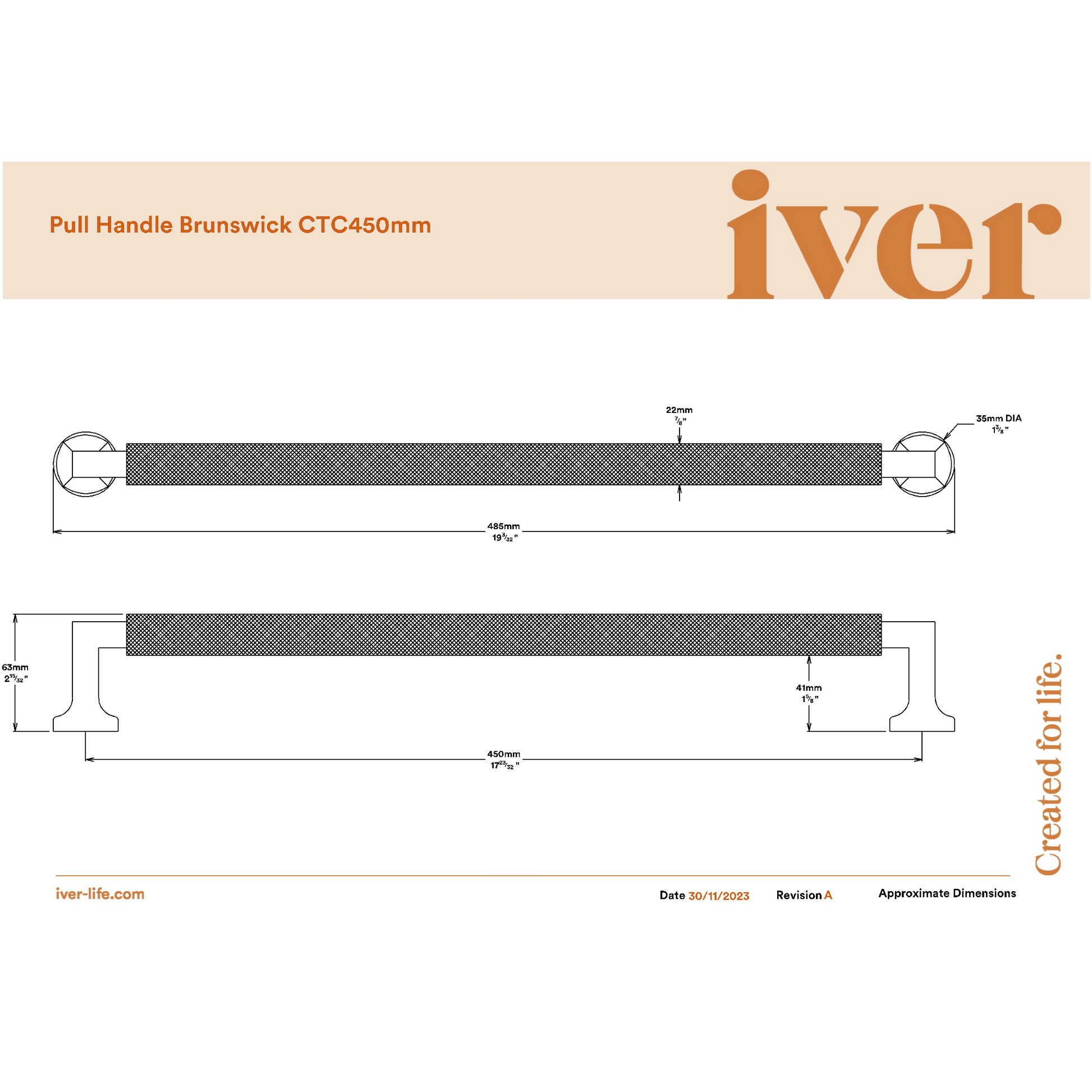 Iver Pull Handle Brunswick Satin Nickel L485mm