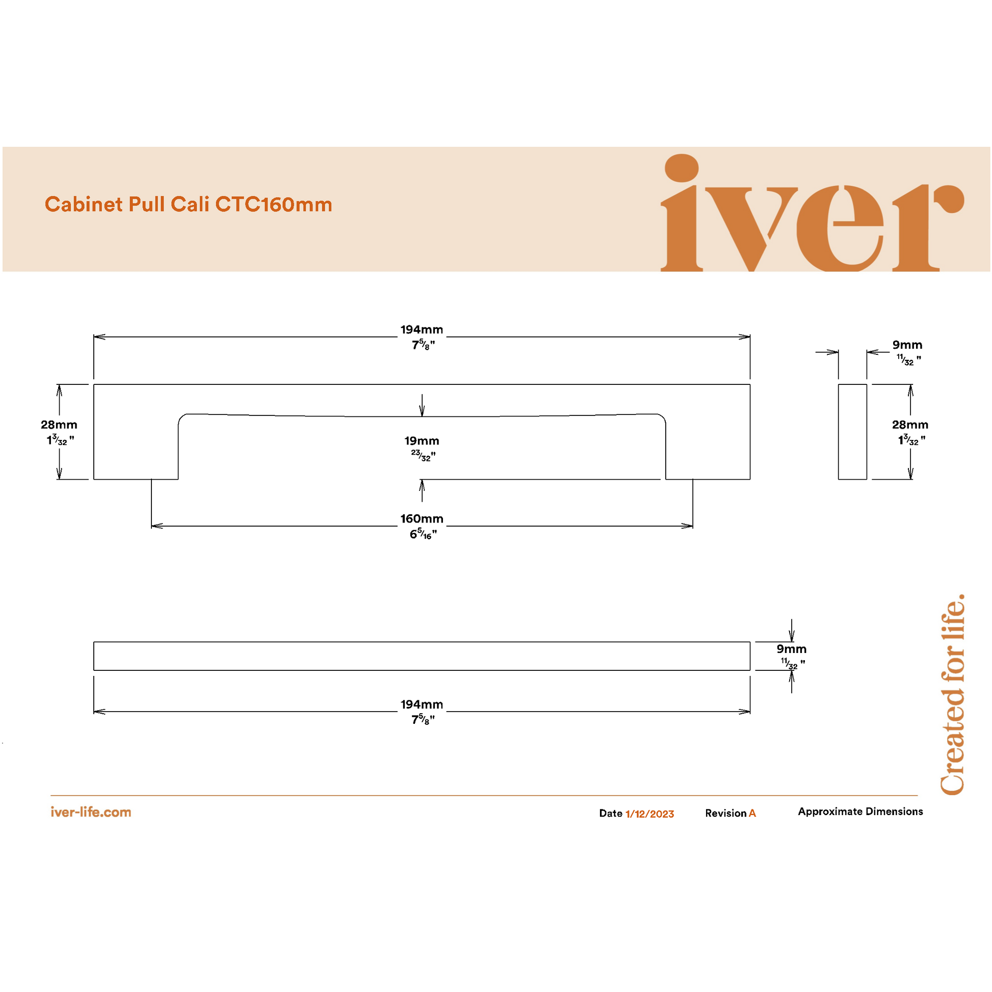 Iver Pull Handle Cali Signature Brass CTC160mm