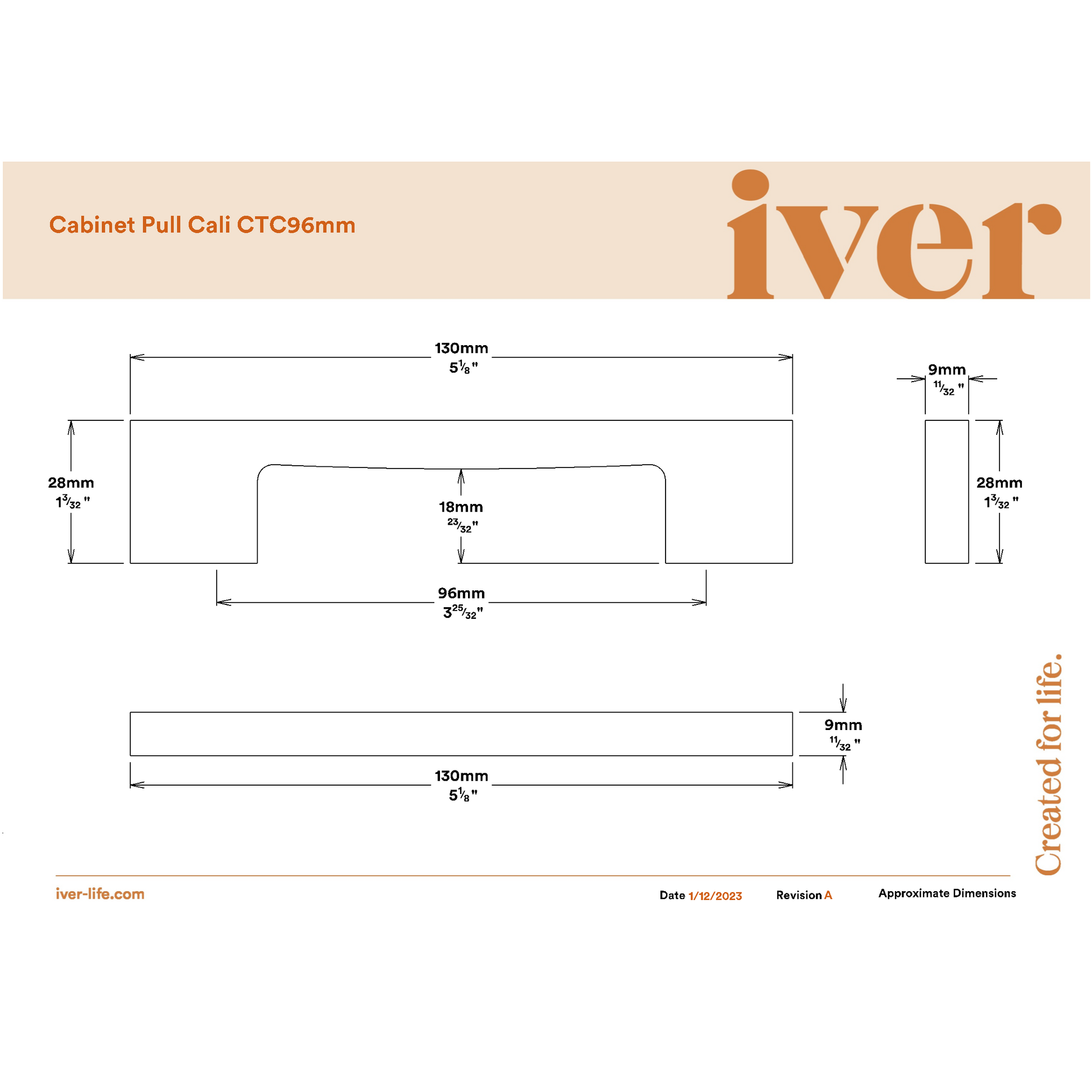 Iver Pull Handle Cali Signature Brass CTC96mm