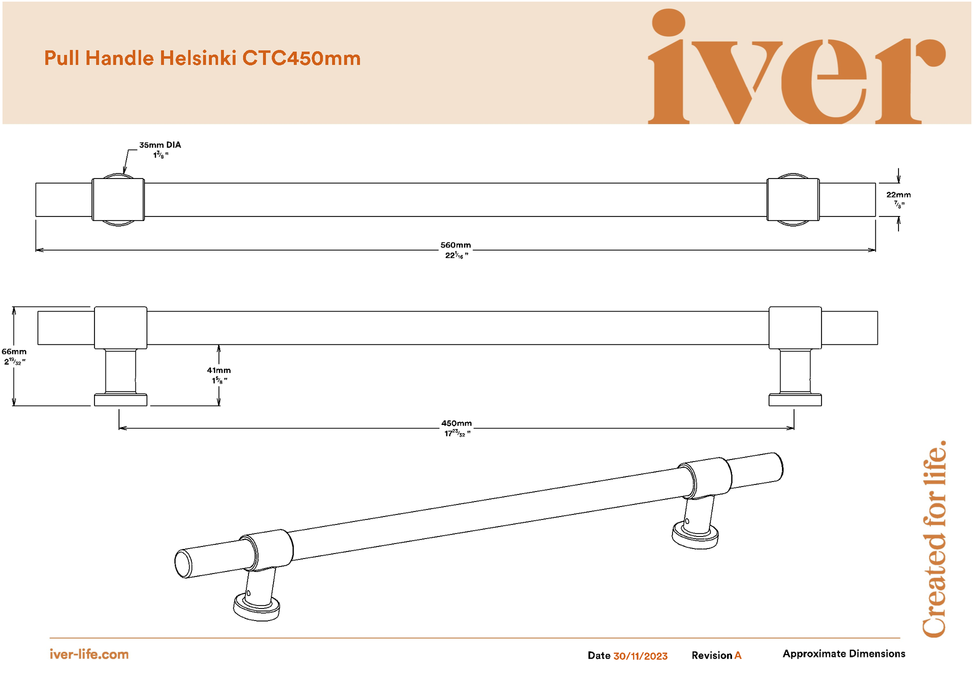Iver Pull Handle Helsinki Brushed Gold PVD CTC450mm
