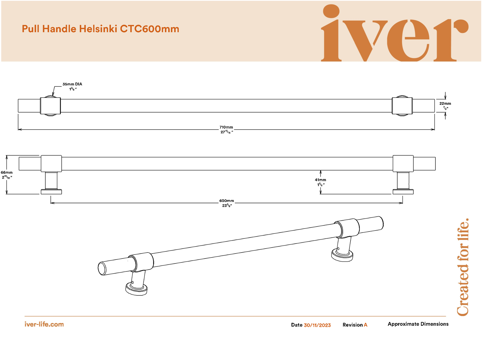 Iver Pull Handle Helsinki Brushed Gold PVD CTC600mm