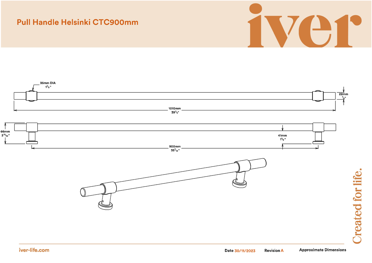 Iver Pull Handle Helsinki Brushed Gold PVD CTC900mm