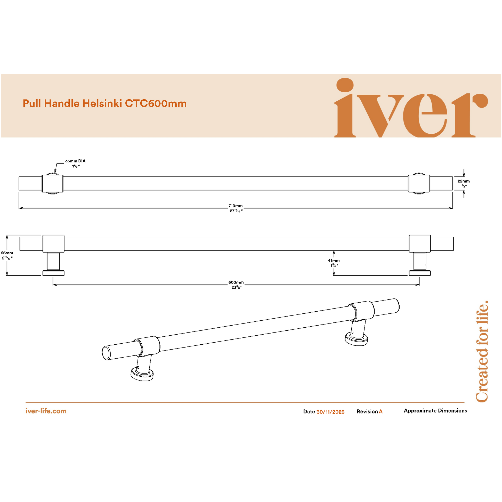 Iver Pull Handle Helsinki Polished Chrome CTC600mm
