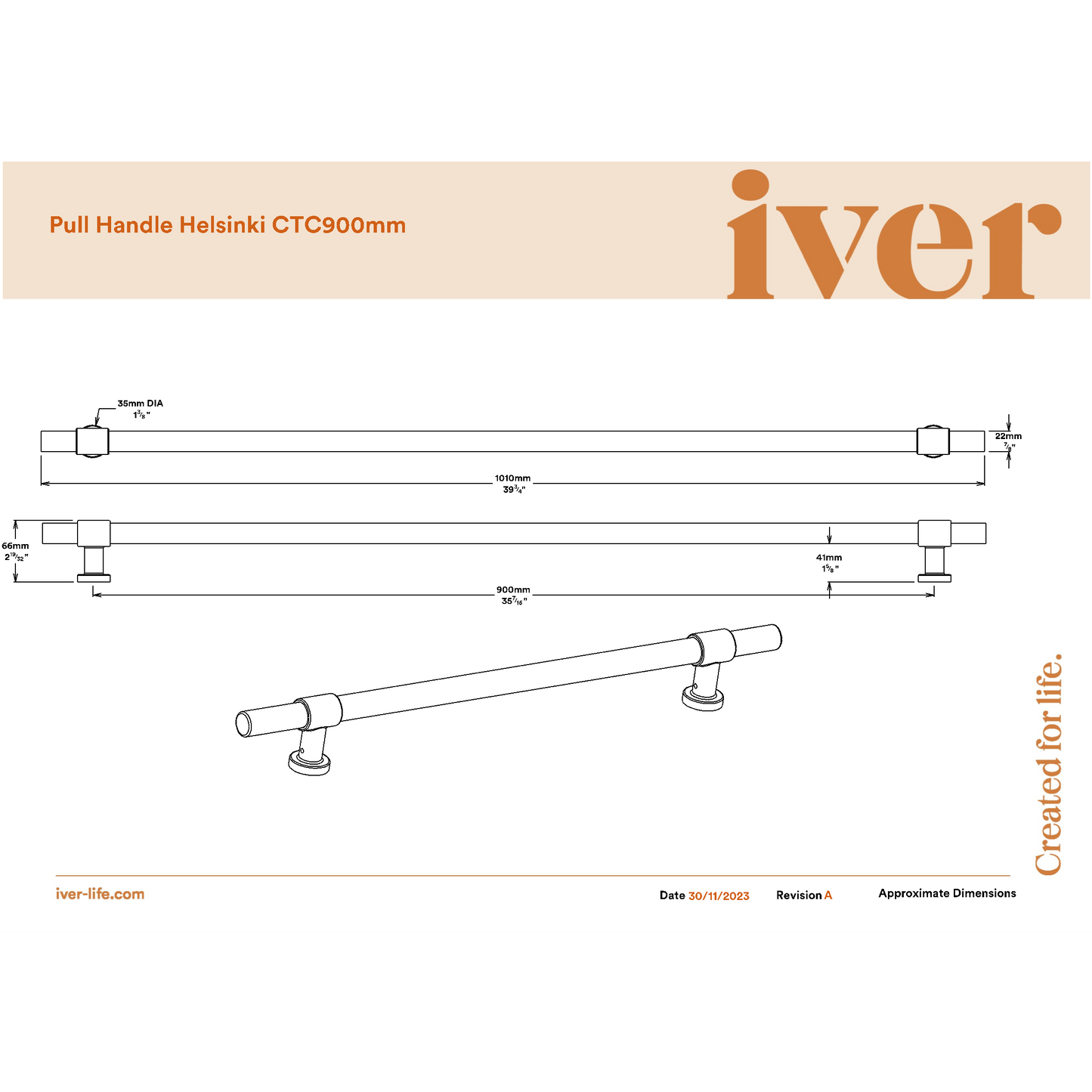 Iver Pull Handle Helsinki Polished Chrome CTC900mm