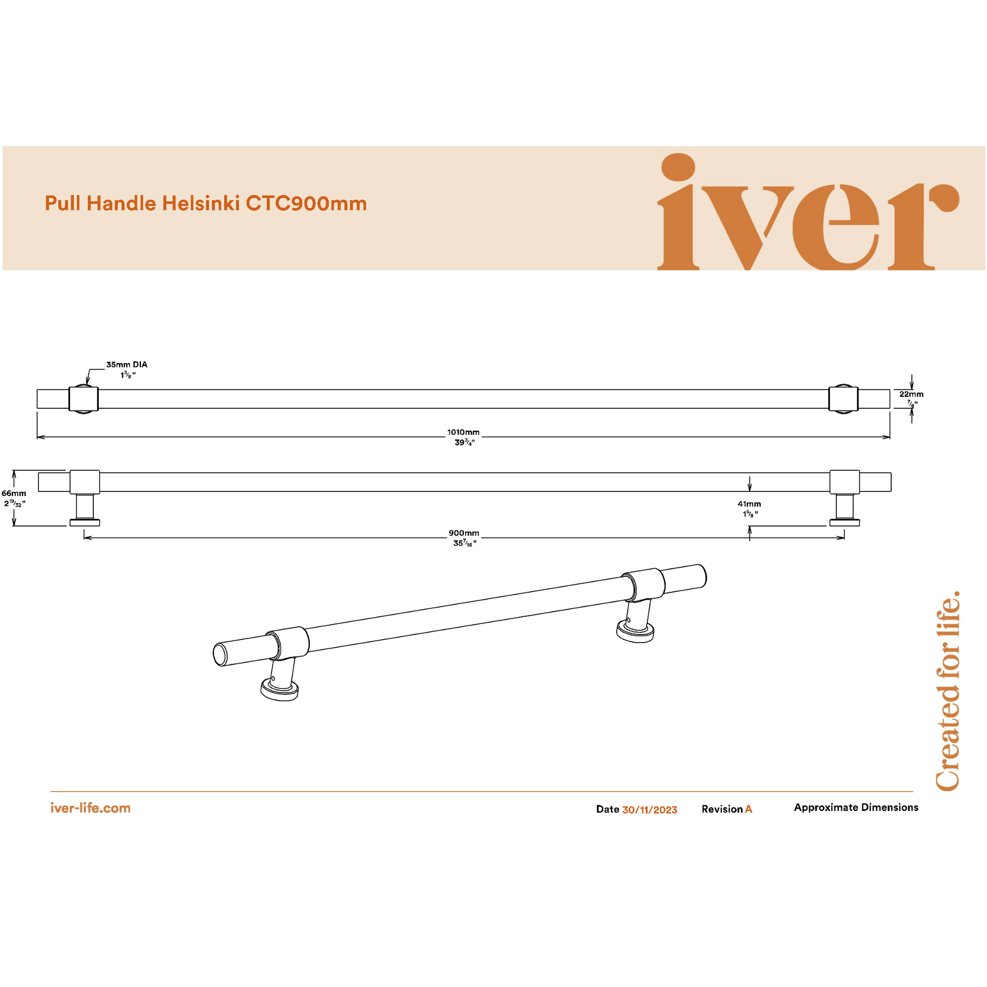 Iver Pull Handle Helsinki Polished Chrome CTC900mm