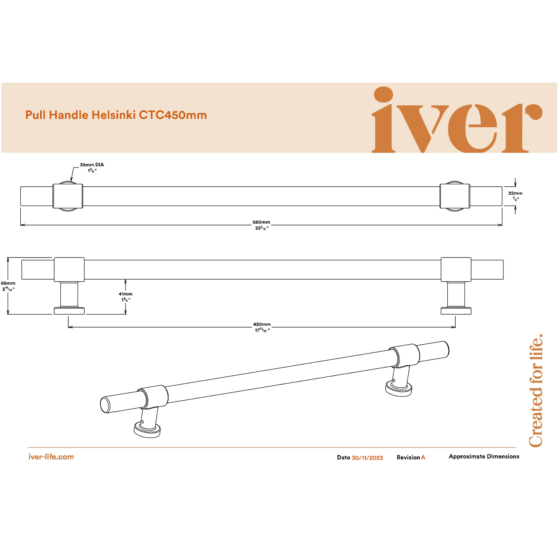 Iver Pull Handle Helsinki Signature Brass CTC450mm