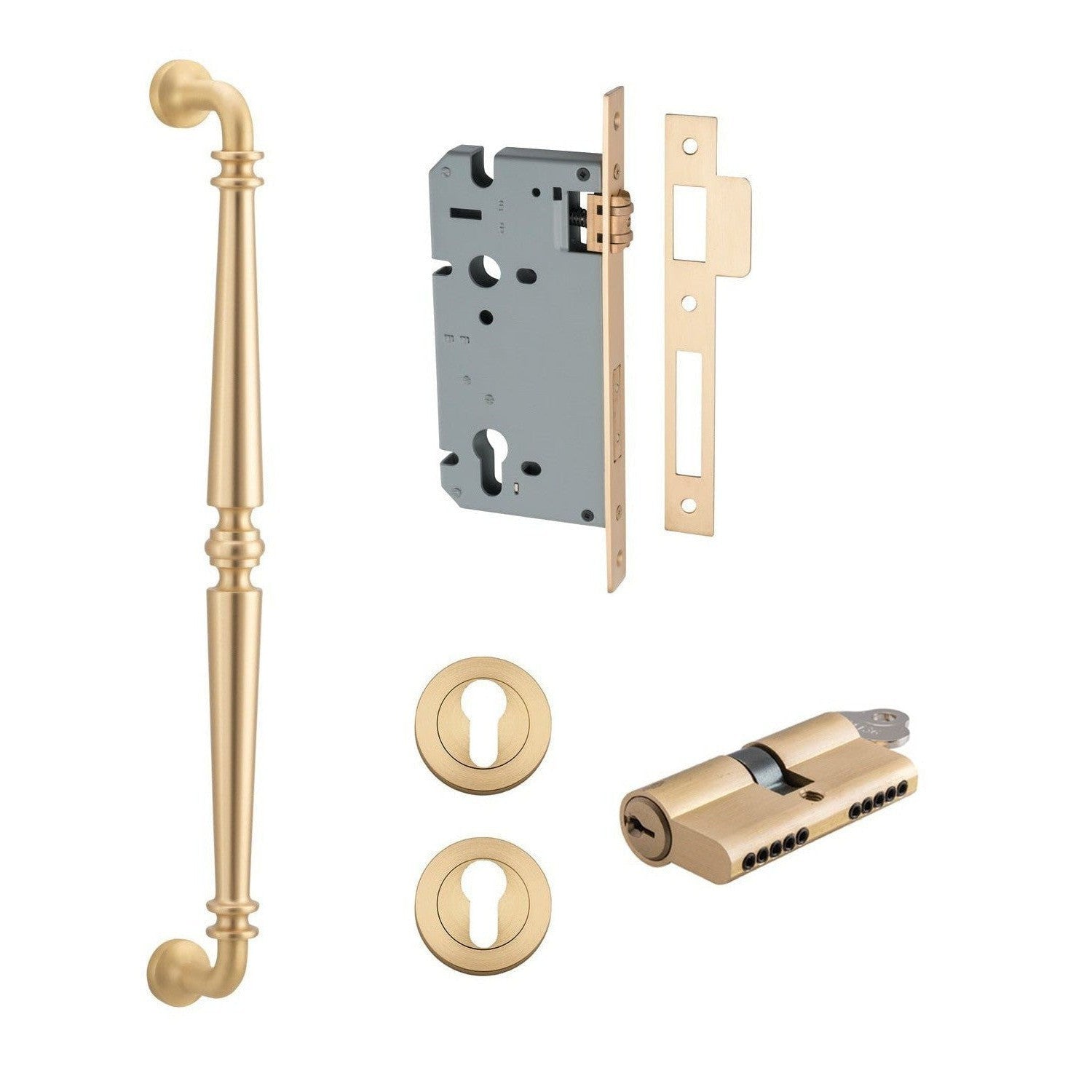 Iver Pull Handle Sarlat Key/Key Brushed Brass L485mm Entrance Kit