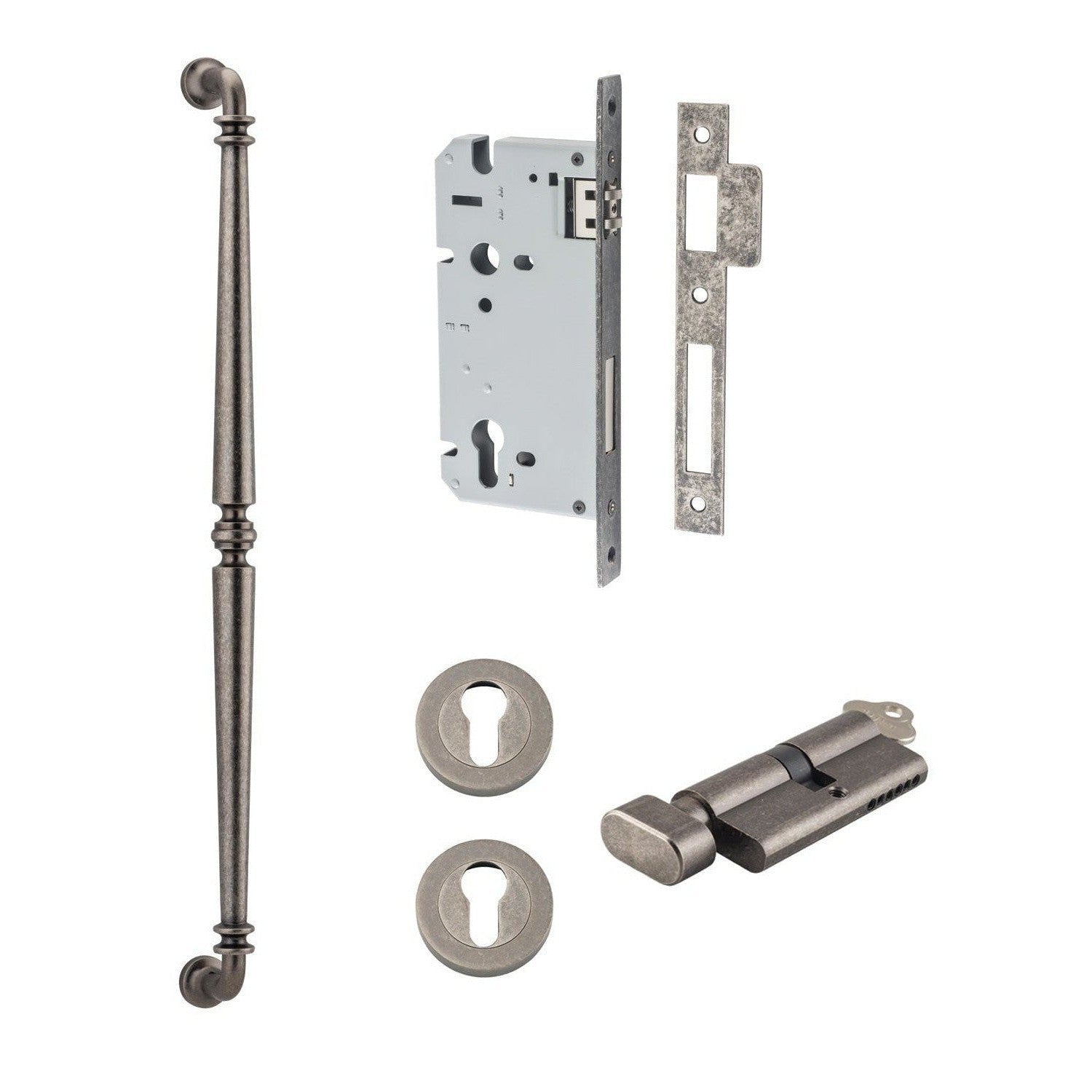 Iver Pull Handle Sarlat Key/Thumb Distressed Nickel L635mm Entrance Kit