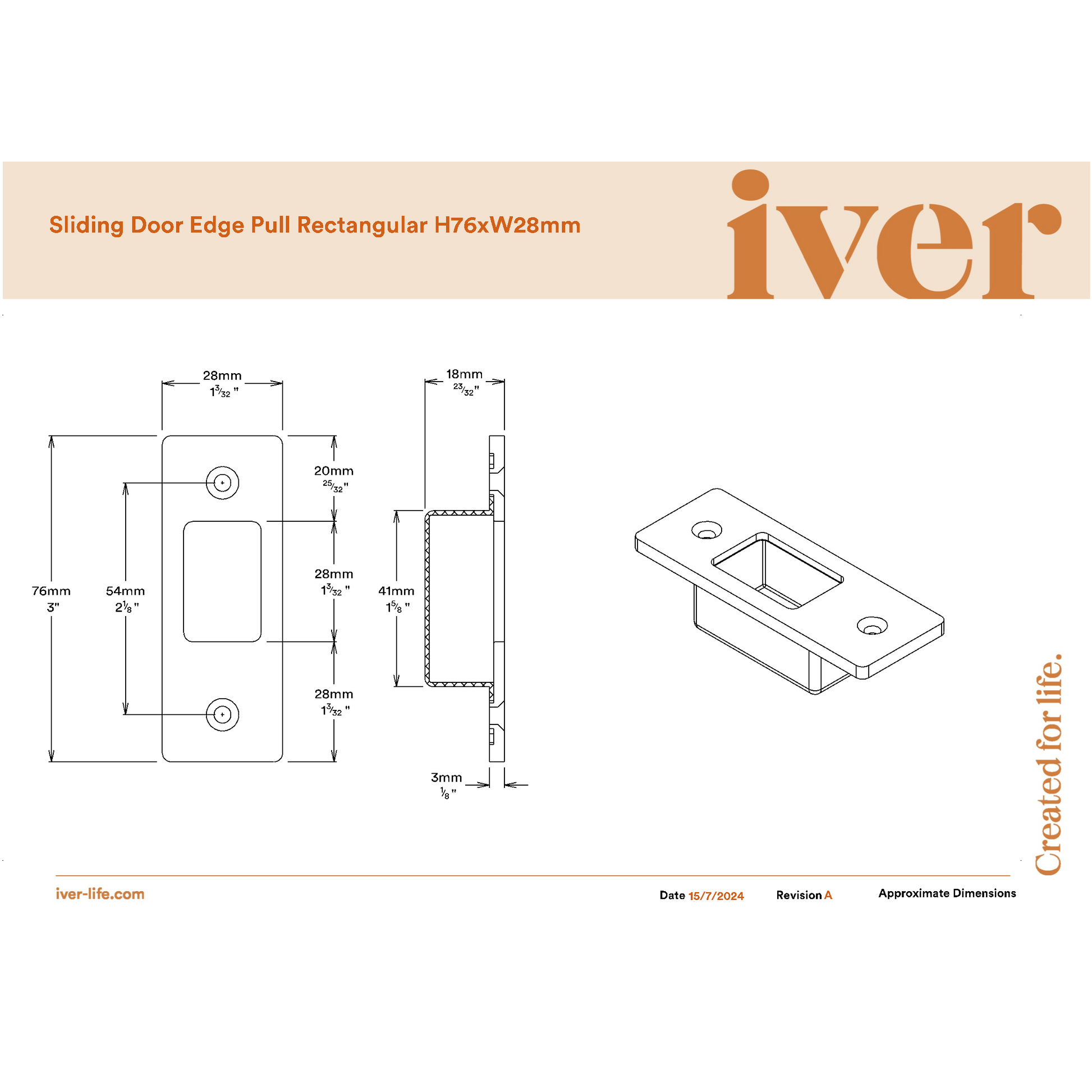 Iver Sliding Door Edge Pull Rectangular Brushed Brass H76xW28mm
