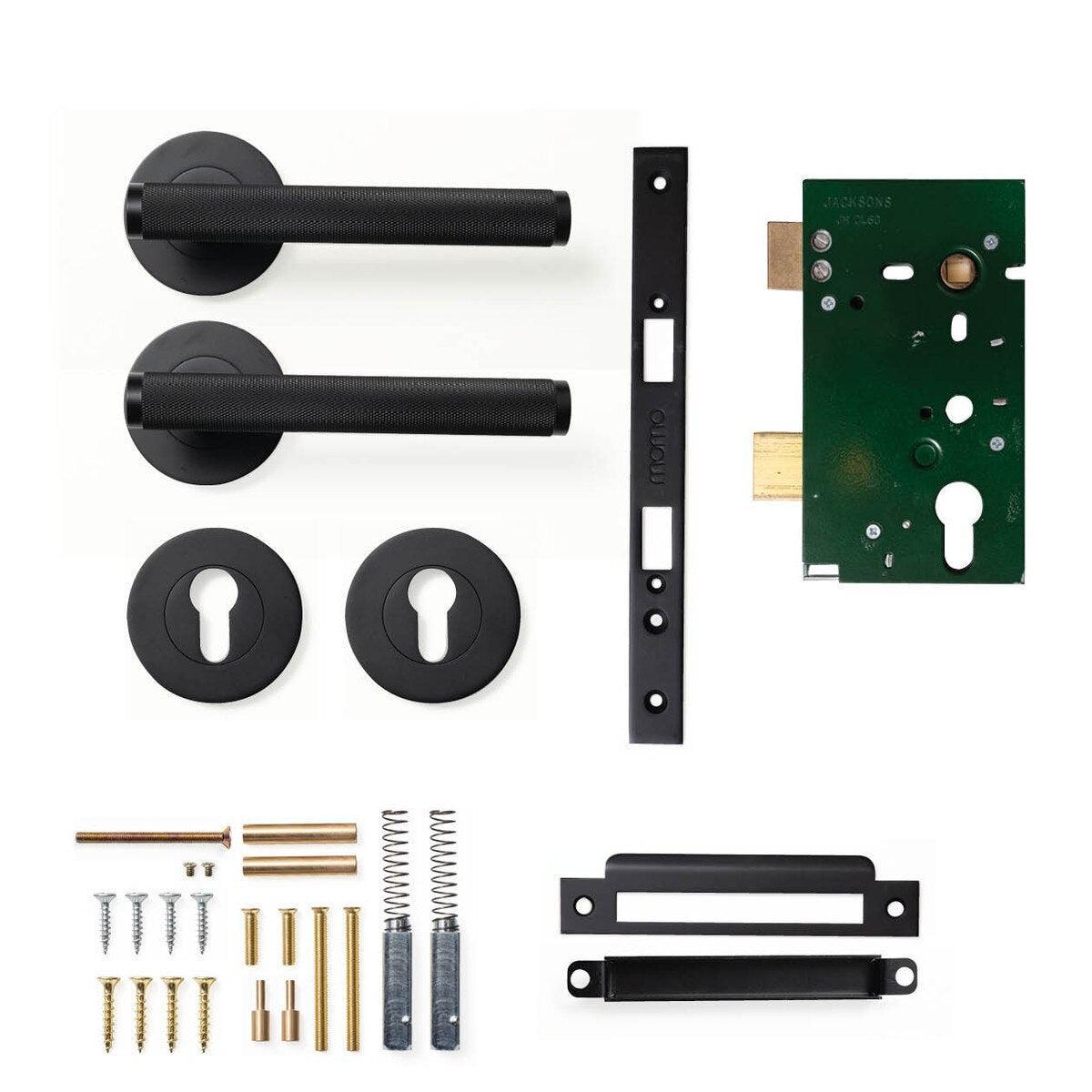 Momo Bellevue Knurled Door Handle Entrance Set Matt Black