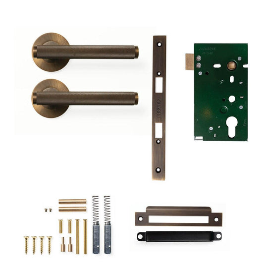Momo Bellevue Knurled Door Handle Mortice Lock Passage Set Bronze