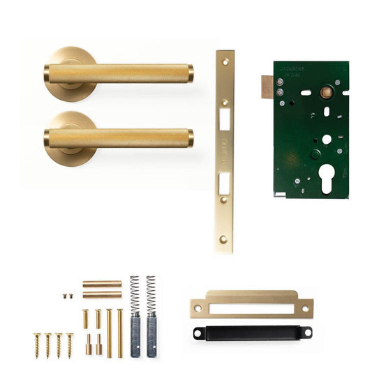 Momo Bellevue Knurled Door Handle Mortice Lock Passage Set Brushed Satin Brass