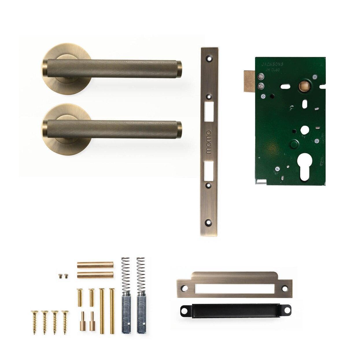 Momo Bellevue Knurled Door Handle Mortice Lock Passage Set Dark Brushed Brass