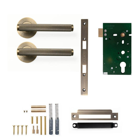 Momo Bellevue Knurled Door Handle Mortice Lock Passage Set Dark Brushed Brass