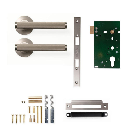 Momo Bellevue Knurled Door Handle Mortice Lock Passage Set Dull Brushed Nickel