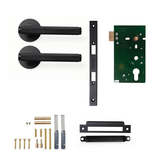 Momo Bellevue Knurled Door Handle Mortice Lock Passage Set Matt Black