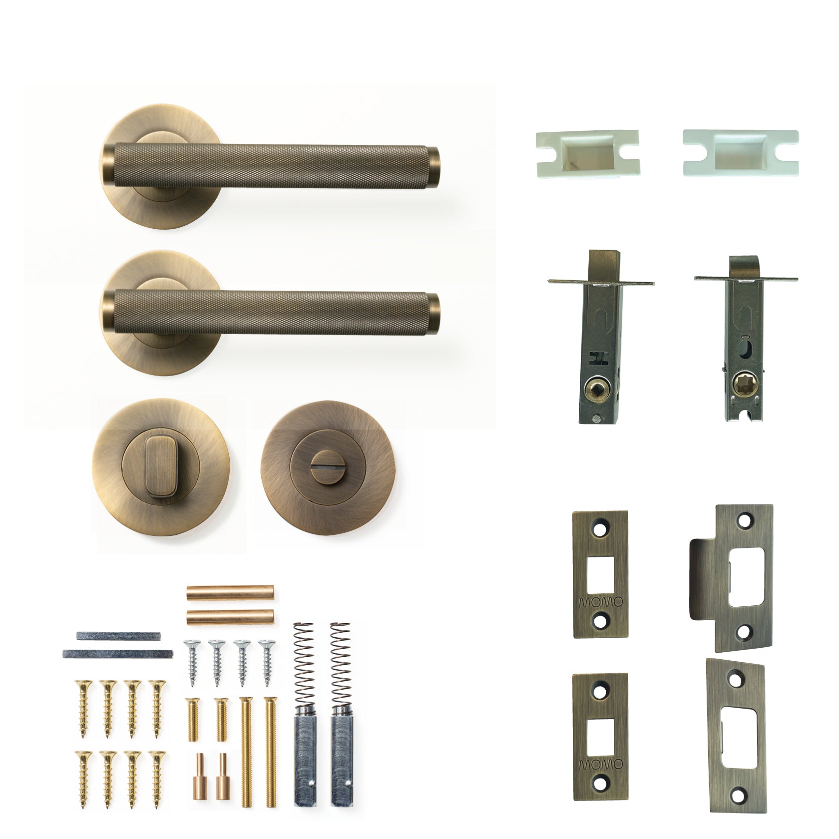 Momo Bellevue Knurled Door Handle Tubular Latch Privacy Set Dark Brushed Brass