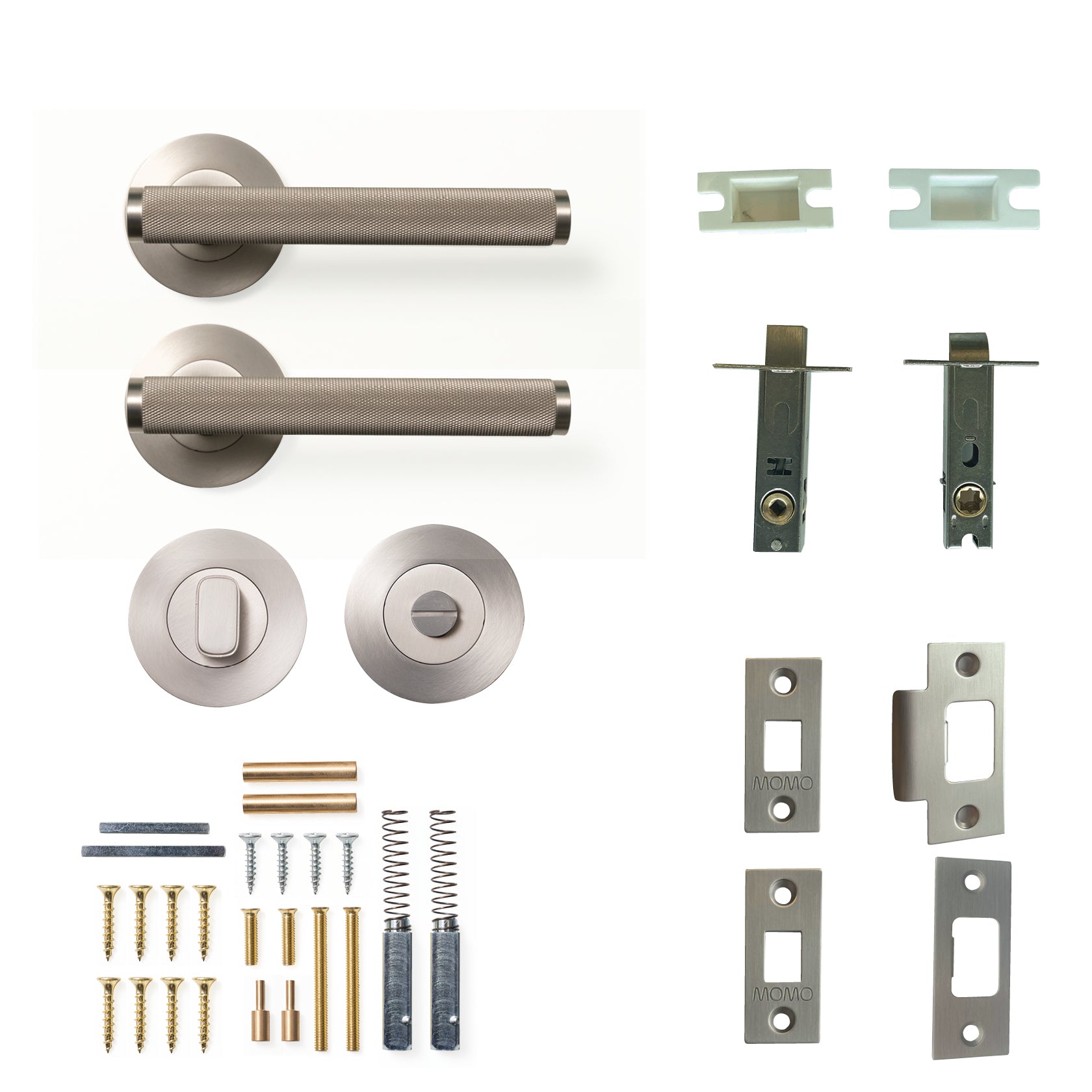 Momo Bellevue Knurled Door Handle Tubular Latch Privacy Set Dull Brushed Nickel