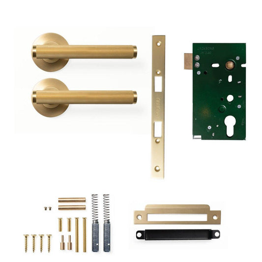 Momo Bellevue Lined Door Handle Mortice Lock Passage Set Brushed Satin Brass
