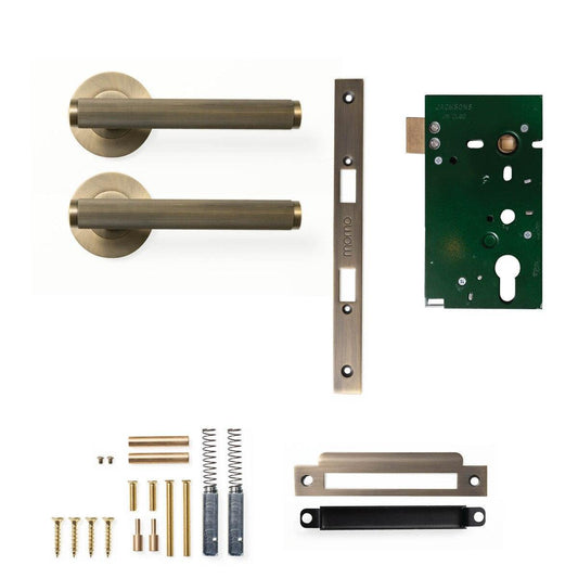 Momo Bellevue Lined Door Handle Mortice Lock Passage Set Dark Brushed Brass