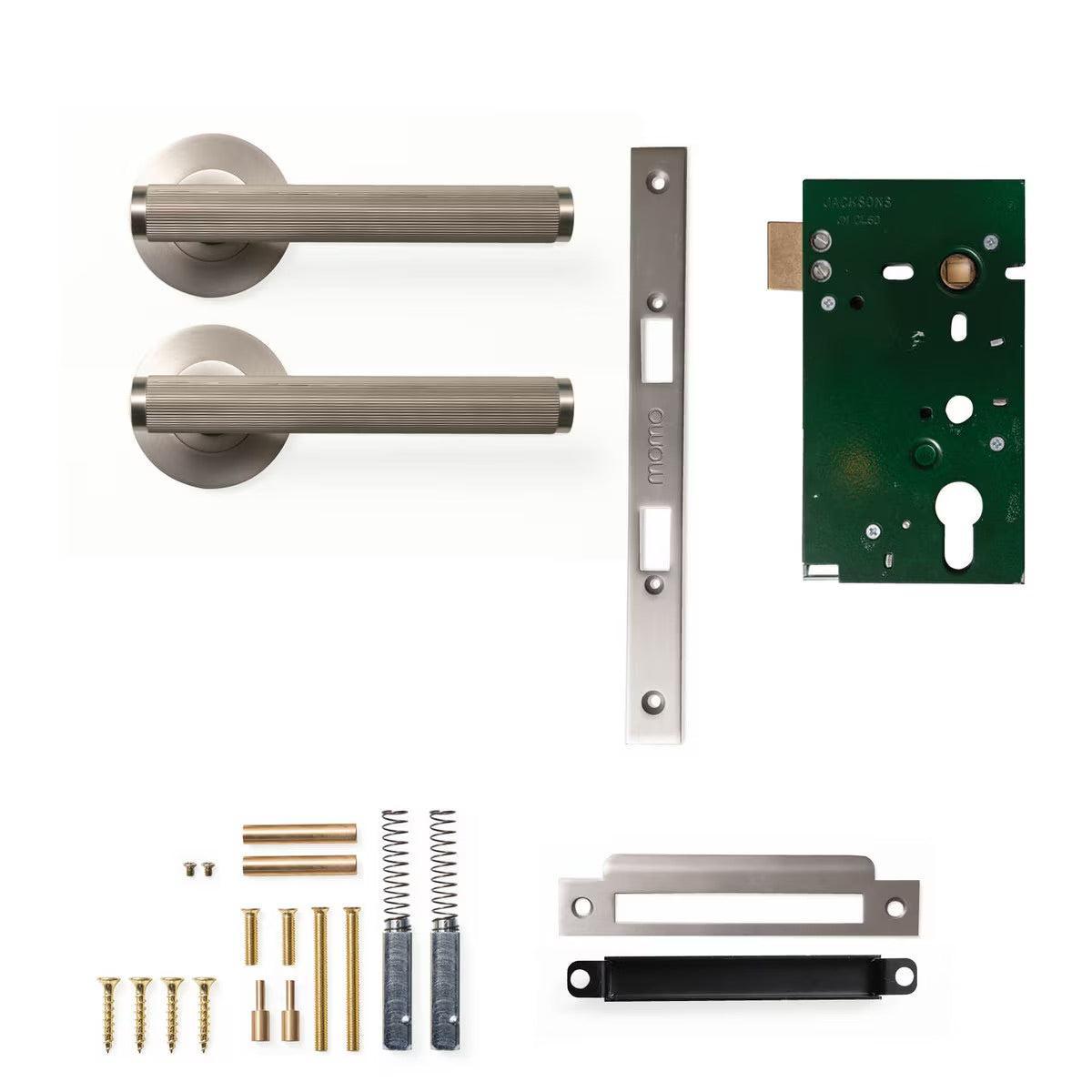 Momo Bellevue Lined Door Handle Mortice Lock Passage Set Dull Brushed Nickel