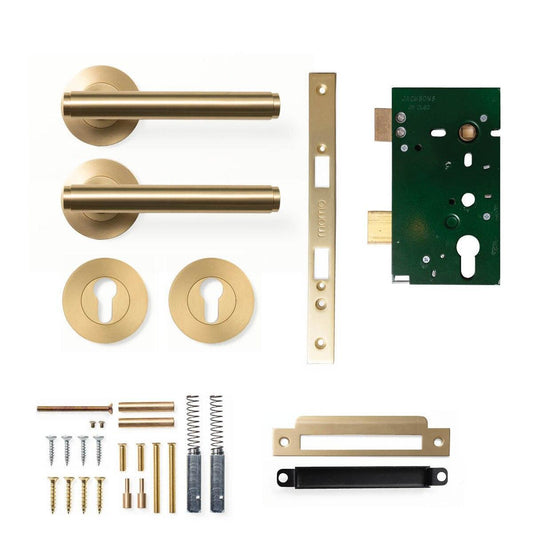 Momo Bellevue Plain Door Handle Entrance Set Brushed Satin Brass