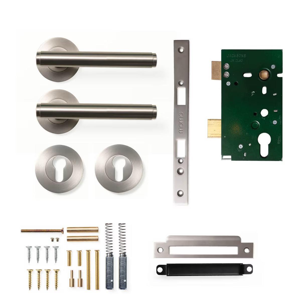 Momo Bellevue Plain Door Handle Entrance Set Dull Brushed Nickel