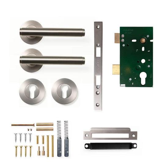 Momo Bellevue Plain Door Handle Entrance Set Dull Brushed Nickel