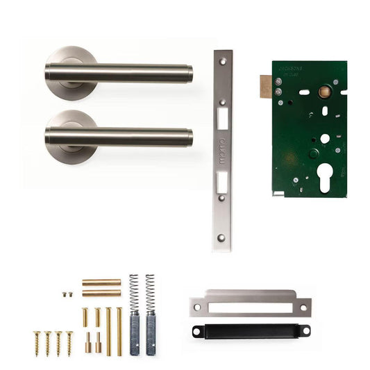 Momo Bellevue Plain Door Handle Mortice Lock Passage Set Dull Brushed Nickel