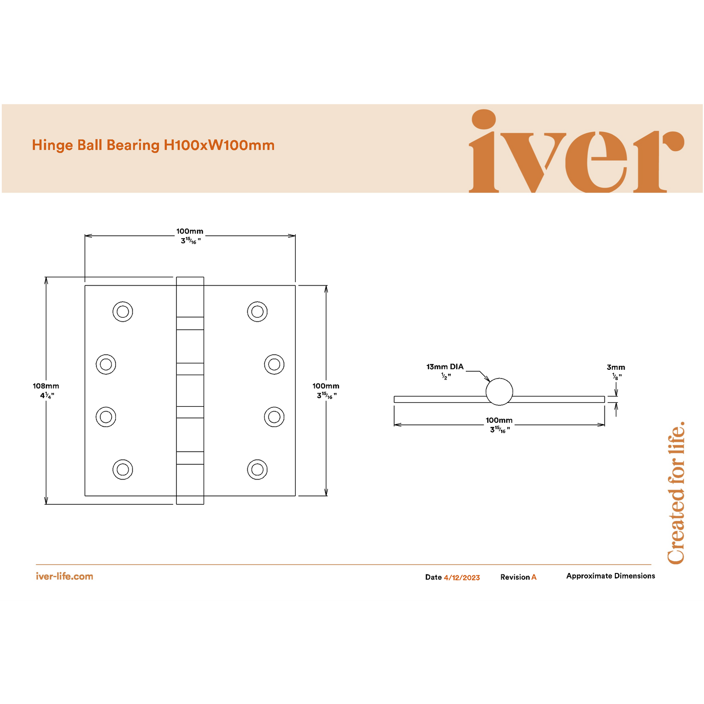 SDG Hinge Ball Bearing Antique Copper W100mm