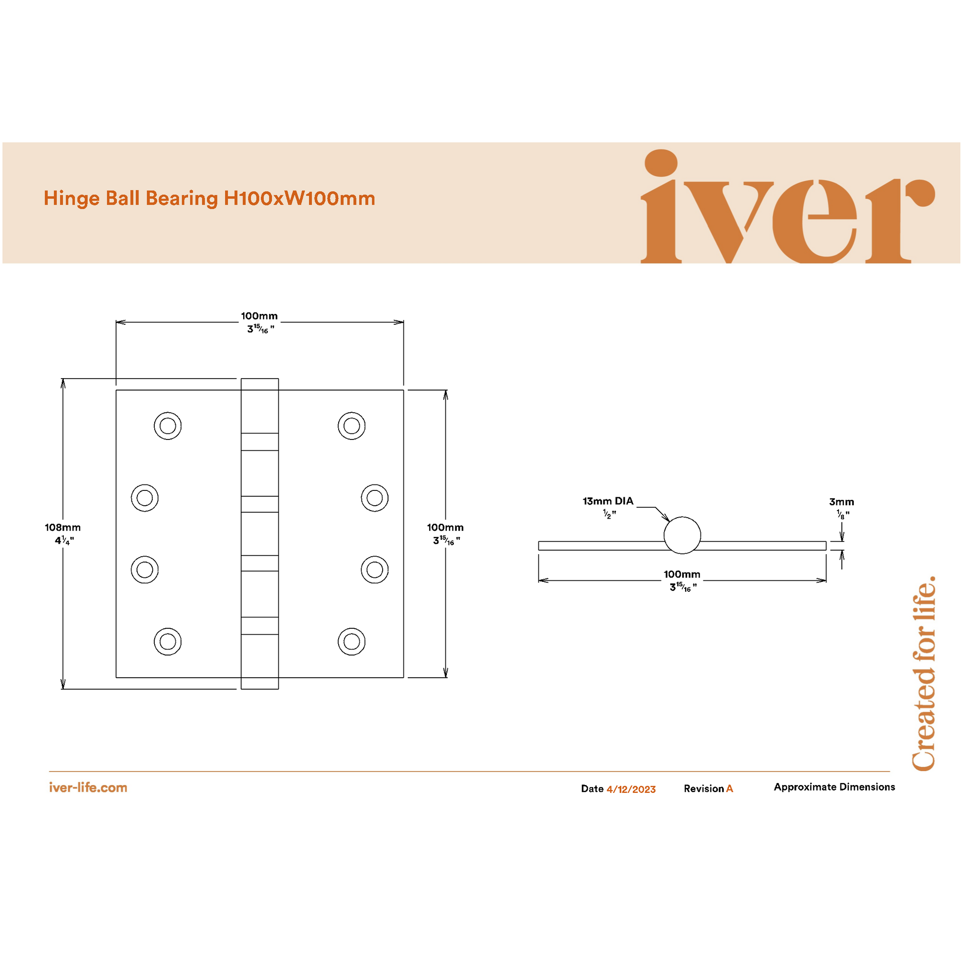 SDG Hinge Ball Bearing Antique Copper W100mm