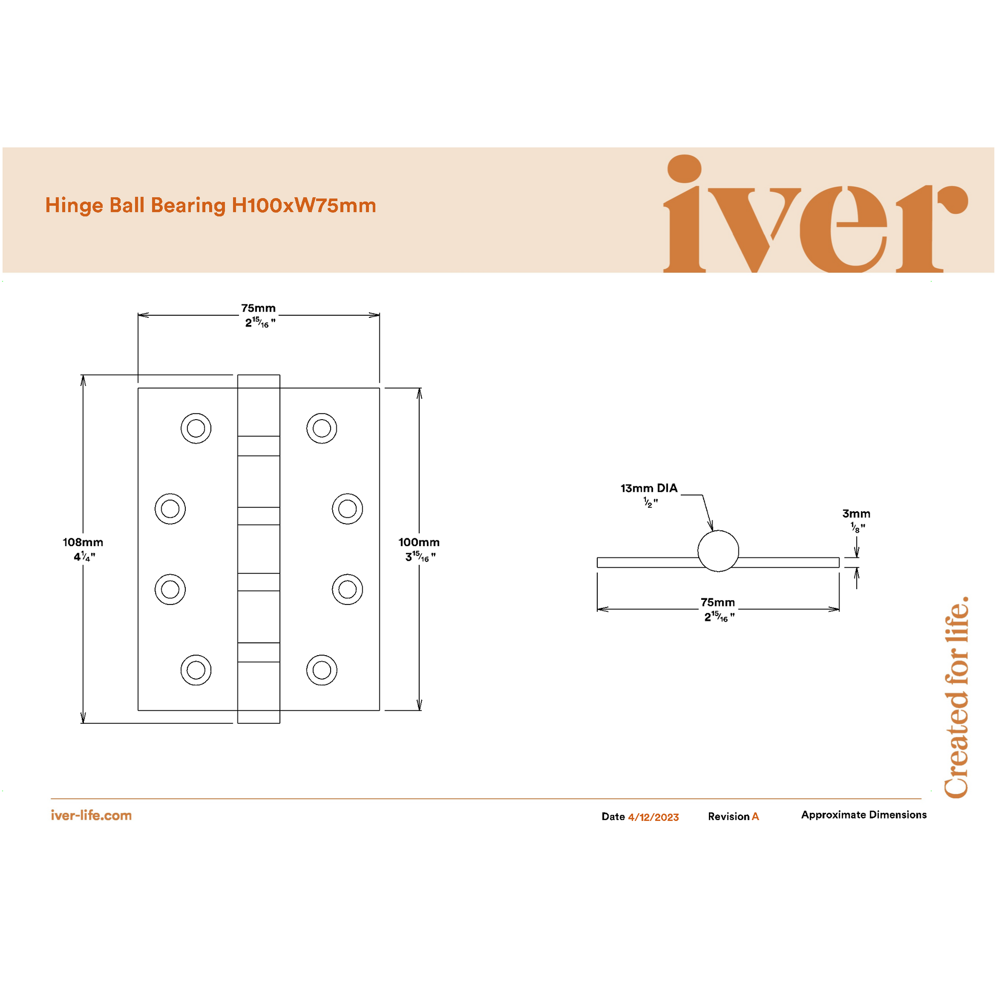 SDG Hinge Ball Bearing Satin Brass W75mm