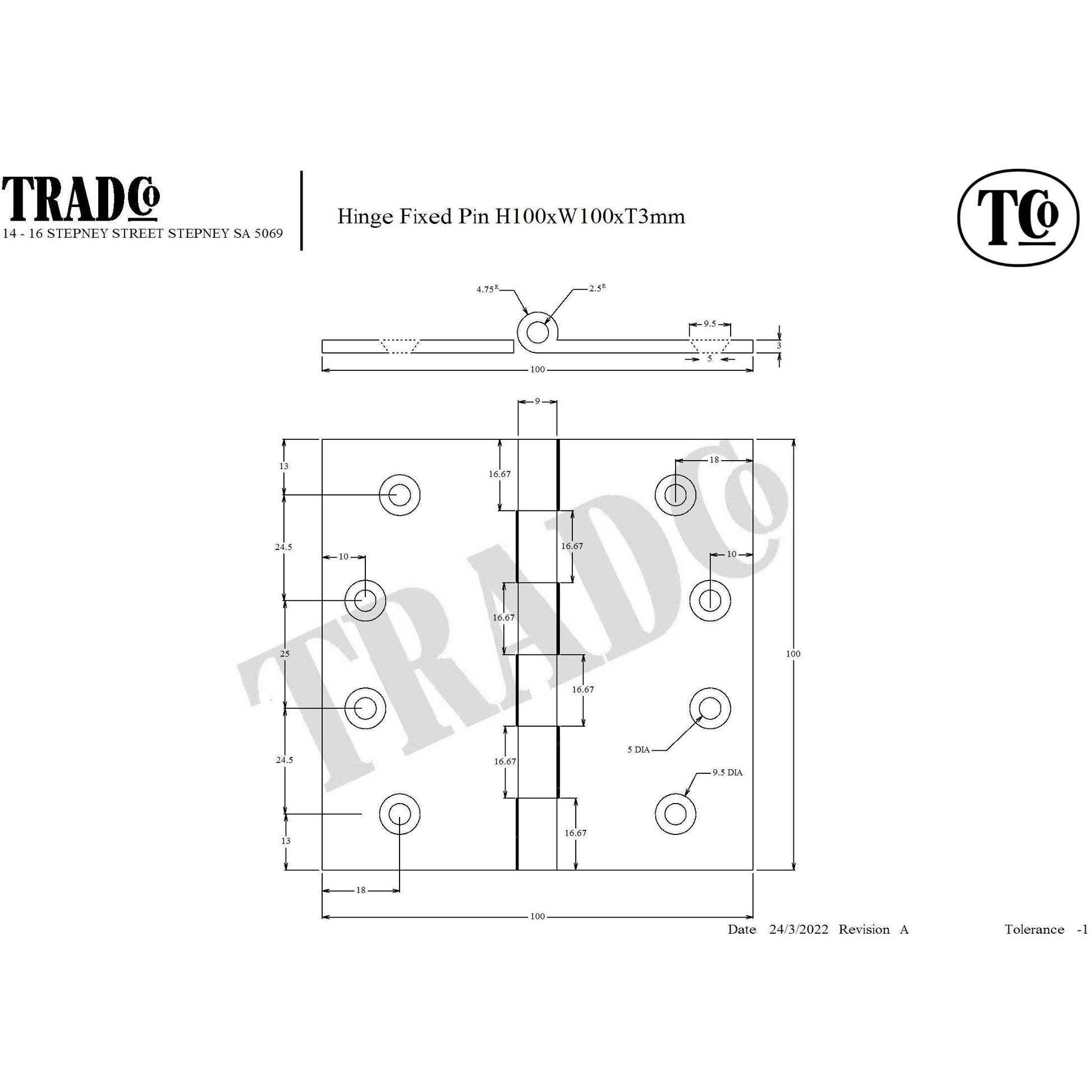SDG Hinge Fixed Pin Chrome Plated W100mm