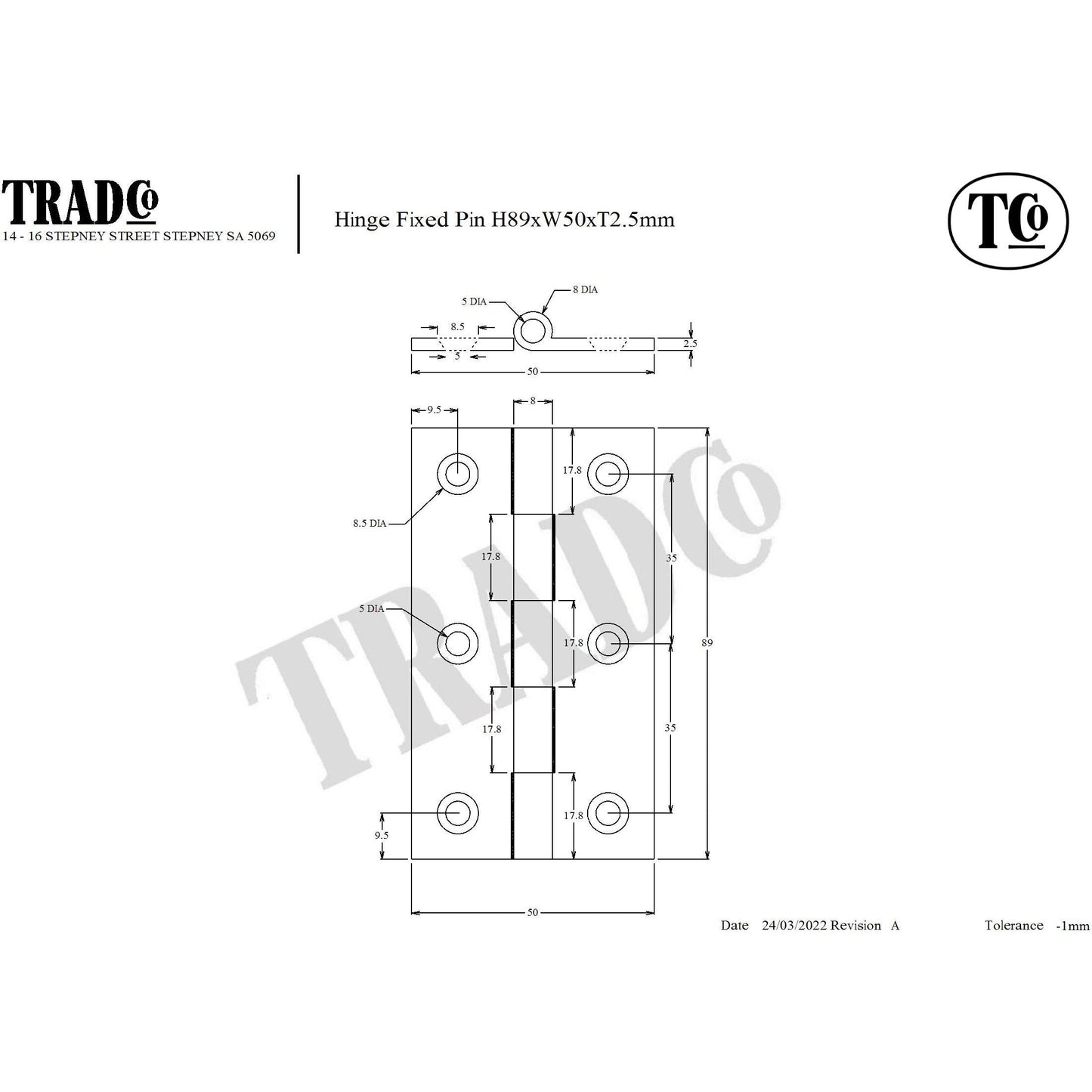 SDG Hinge Fixed Pin Chrome Plated W50mm