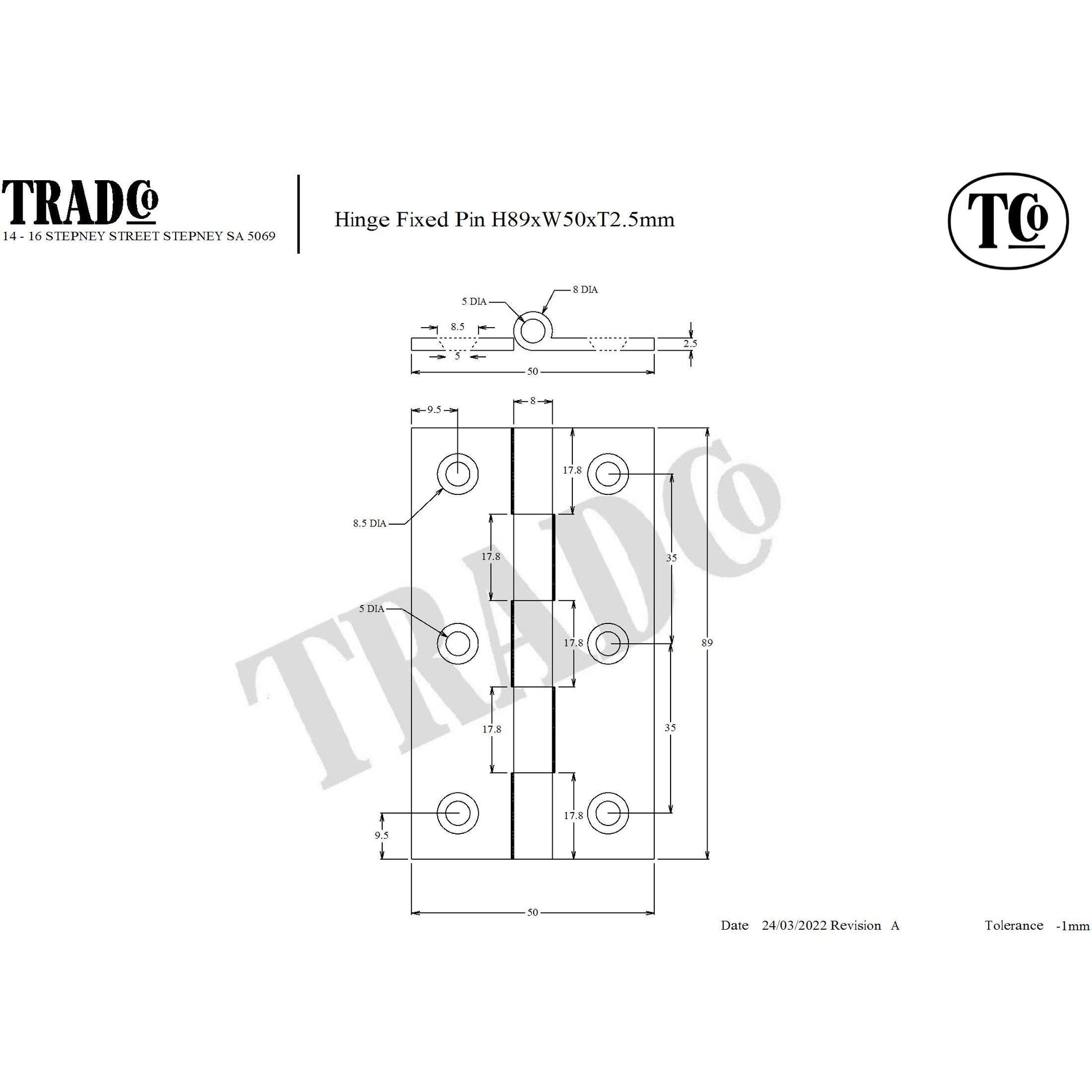 SDG Hinge Fixed Pin Chrome Plated W50mm