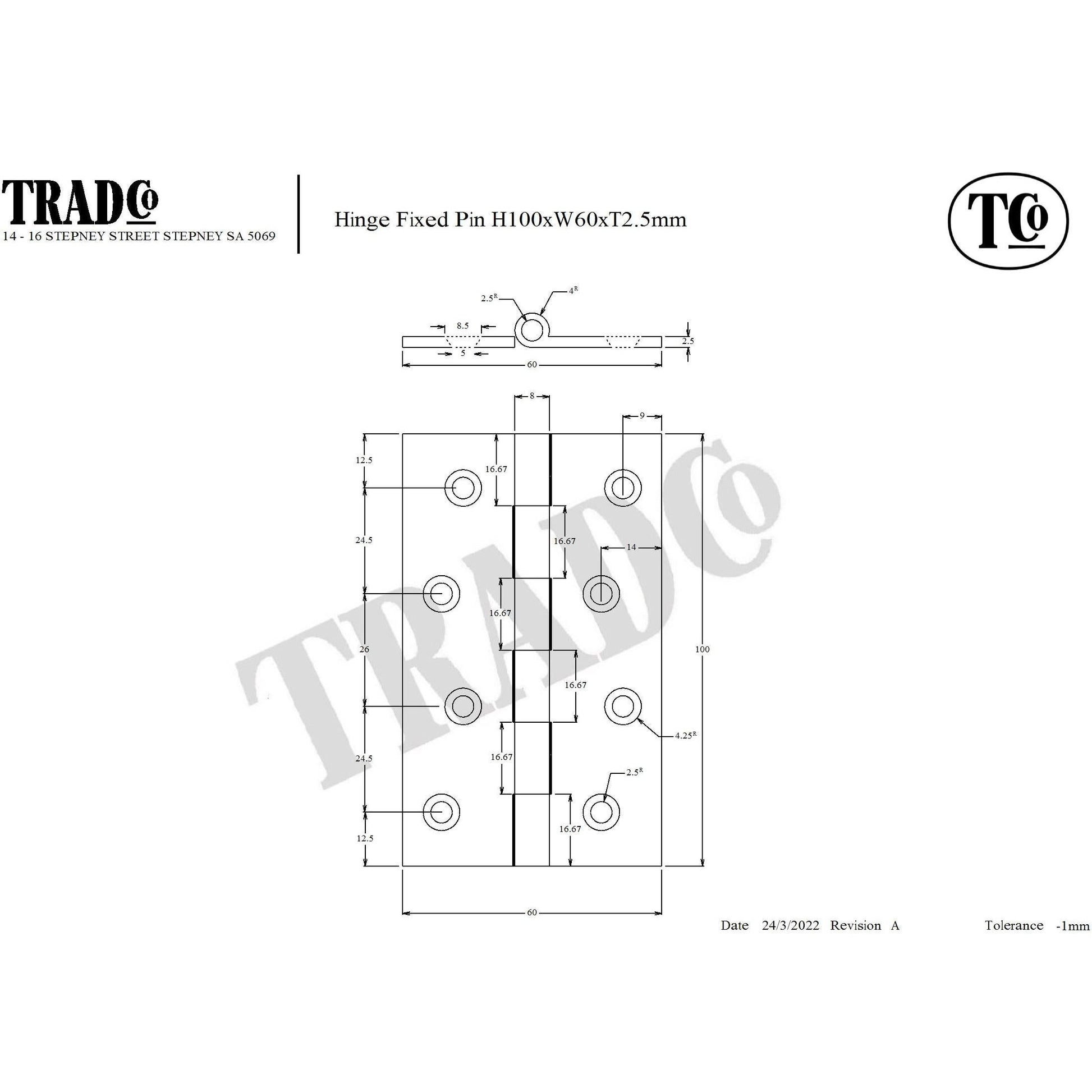 SDG Hinge Fixed Pin Chrome Plated W60mm