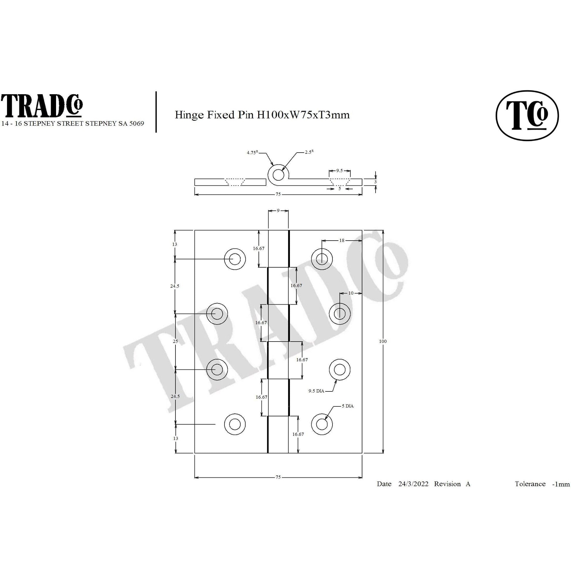 SDG Hinge Fixed Pin Chrome Plated W75mm