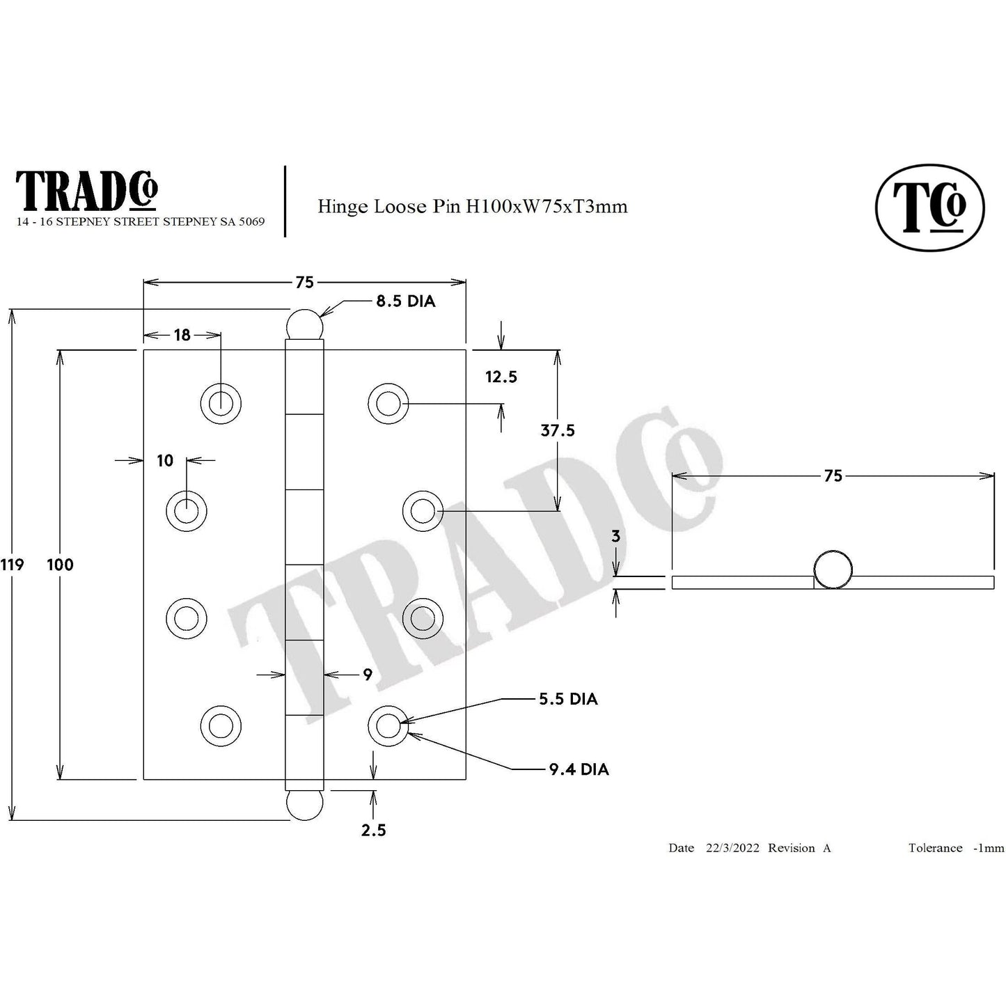 SDG Hinge Loose Pin Chrome Plated W75mm
