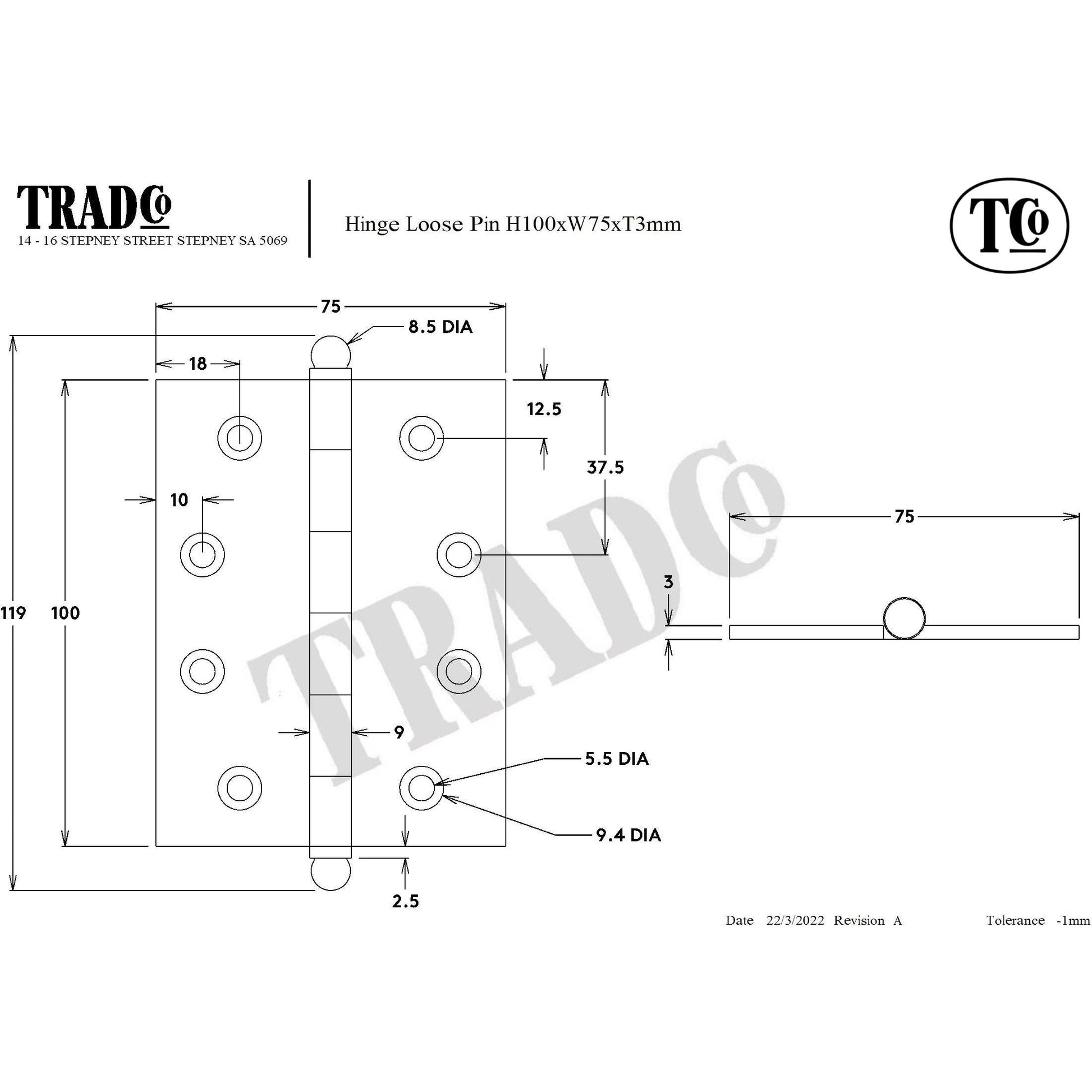 SDG Hinge Loose Pin Chrome Plated W75mm